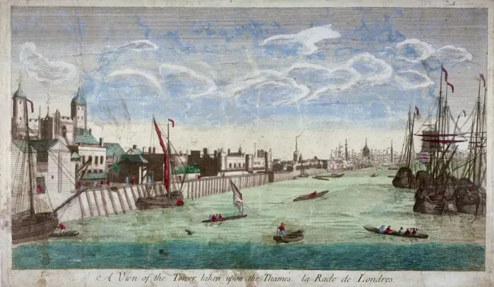 Framed Print : View of the Tower of London with boats on the River Thames, 1751. Artist: John Boydell Framed Print : View of the Tower of London with boats on the River Thames, 1751. Artist: John Boydell