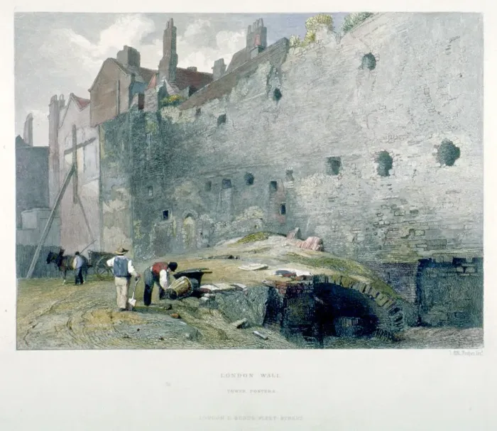 Framed Print : View of Tower Postern and London Wall with men digging, City of London, 1851. Artist Framed Print : View of Tower Postern and London Wall with men digging, City of London, 1851. Artist
