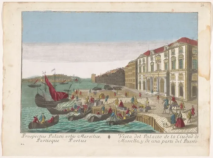 Framed Print : View of the Town Hall and the harbor in Marseille, 1700-1799. Creator: Remondini family Framed Print : View of the Town Hall and the harbor in Marseille, 1700-1799. Creator: Remondini family