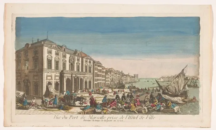 Framed Print : View of the town hall and the harbor in Marseille with victims struck by the plague... 1720-1799. Creator: Anon Framed Print : View of the town hall and the harbor in Marseille with victims struck by the plague... 1720-1799. Creator: Anon