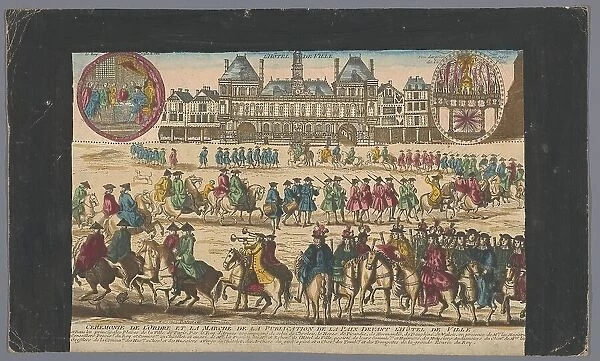 View of the Town Hall in Paris with a procession proclaiming peace, 1700-1799. Creator: Anon