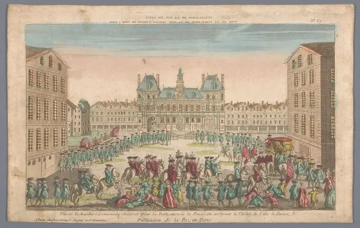 Framed Print : View of the Town Hall in Paris with a procession proclaiming peace, 1700-1799. Creator: Anon Framed Print : View of the Town Hall in Paris with a procession proclaiming peace, 1700-1799. Creator: Anon