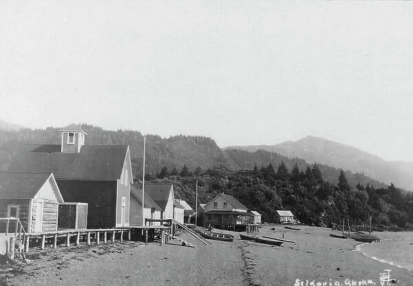 View of town and mountains, between c1900 and c1930. Creator: Unknown