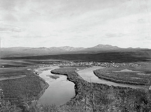 View of town, mountains and streams, between c1900 and c1930. Creator: Unknown
