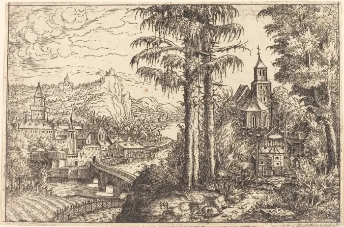 Framed Print : View of a Town near a River with a Church on the Right, 1553 Framed Print : View of a Town near a River with a Church on the Right, 1553