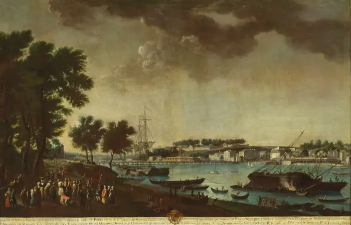Framed Print : View of the Town and Port of Bayonne from the Pathways of Boufflers... 1771. Creator: Juan Patricio Morlete Ruiz Framed Print : View of the Town and Port of Bayonne from the Pathways of Boufflers... 1771. Creator: Juan Patricio Morlete Ruiz
