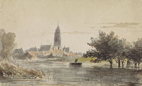 View of a town, seen from across a river, 1828-1897. Creator: Adrianus Eversen