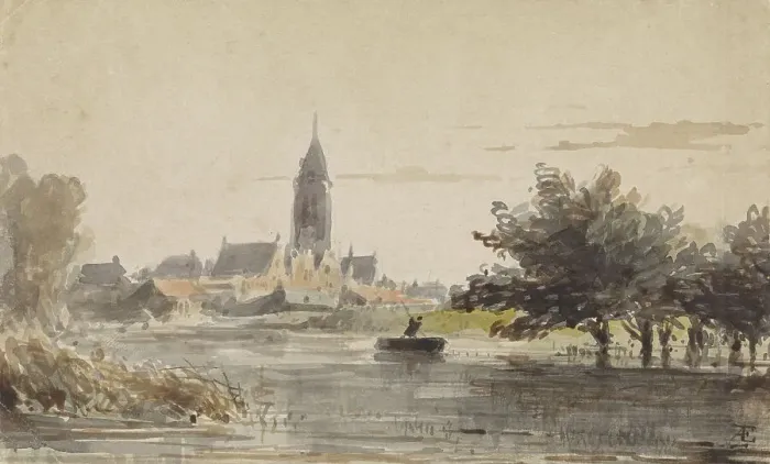 Framed Print : View of a town, seen from across a river, 1828-1897. Creator: Adrianus Eversen Framed Print : View of a town, seen from across a river, 1828-1897. Creator: Adrianus Eversen