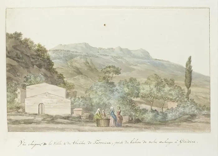 Framed Print : View of the town and theater of Taormina from the balcony of the inn at Giardini, 1778. Creator: Louis Ducros Framed Print : View of the town and theater of Taormina from the balcony of the inn at Giardini, 1778. Creator: Louis Ducros