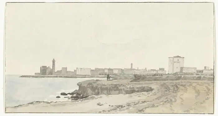 Framed Print : View of Trani located on the coast, 1778. Creator: Louis Ducros Framed Print : View of Trani located on the coast, 1778. Creator: Louis Ducros