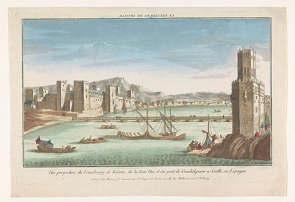 View of the Triana district, a bridge over the river Guadalquivir and the Torre del Oro...1735-1805. Creator: Unknown