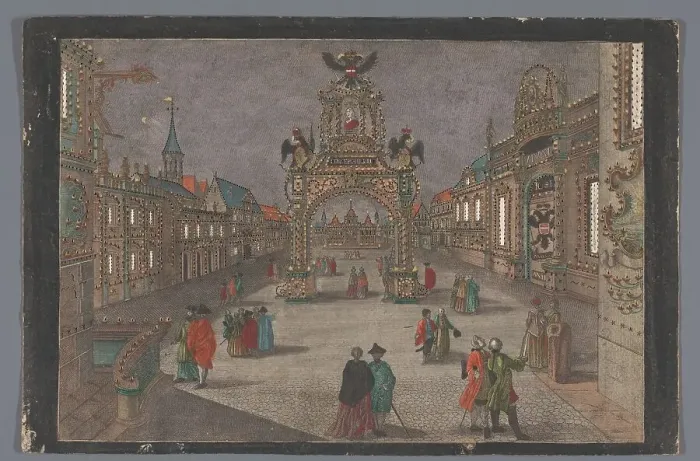 Framed Print : View of a triumphal arch with a two-headed eagle and a portrait bust of Joseph II... 1765-1799. Creator: Anon Framed Print : View of a triumphal arch with a two-headed eagle and a portrait bust of Joseph II... 1765-1799. Creator: Anon