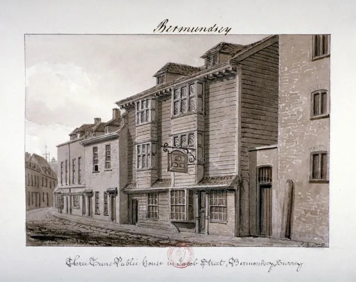 Framed Print : View of the Three Tuns public house on Jacob Street, Bermondsey, London, 1828. Artist Framed Print : View of the Three Tuns public house on Jacob Street, Bermondsey, London, 1828. Artist