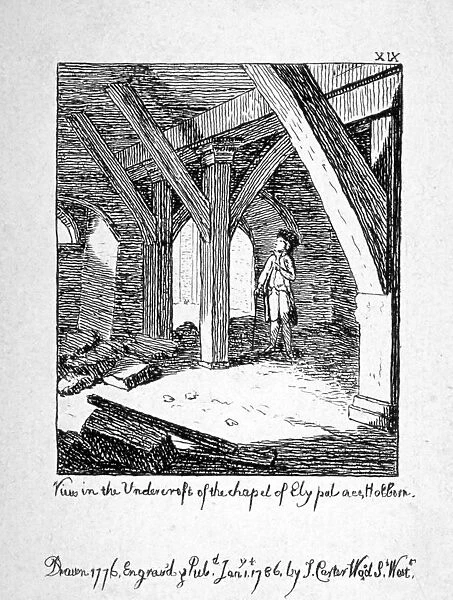 View in the undercroft of the Church of St Etheldreda, Ely Place, Holborn, London, 1786