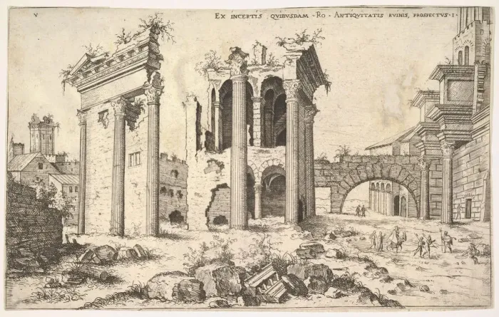 Framed Print : View of unidentified ruins with trabeated facade at left, arcades at center Framed Print : View of unidentified ruins with trabeated facade at left, arcades at center