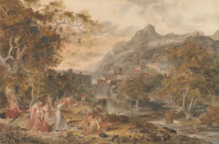 Framed Print : View of Vietri with Young Country Women Dancing for Shepherds in the Foreground, 1800 Framed Print : View of Vietri with Young Country Women Dancing for Shepherds in the Foreground, 1800