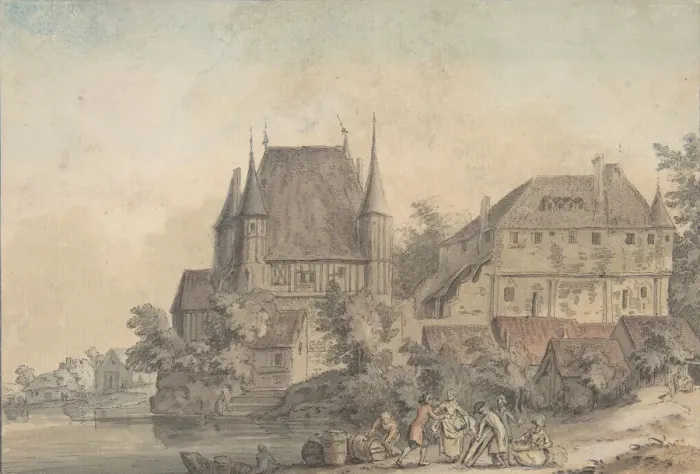 Framed Print : View of a Village alongside a River, 1766. Creator: Samuel Hieronymus Grimm Framed Print : View of a Village alongside a River, 1766. Creator: Samuel Hieronymus Grimm