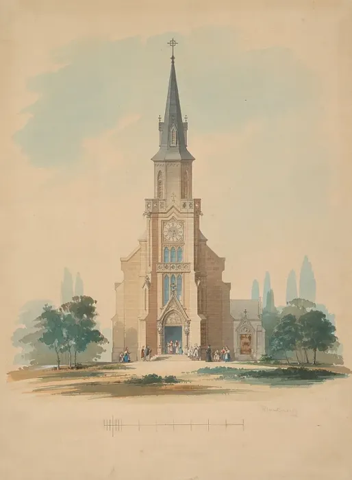 Framed Print : View of a village church in the neo-Gothic style, 1850-1890. Creator: Frantisek Klimkovic Framed Print : View of a village church in the neo-Gothic style, 1850-1890. Creator: Frantisek Klimkovic