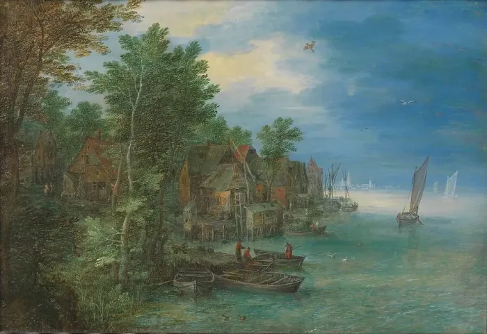 Framed Print : View of a Village along a River, 1604. Creator: Jan Brueghel the Elder Framed Print : View of a Village along a River, 1604. Creator: Jan Brueghel the Elder