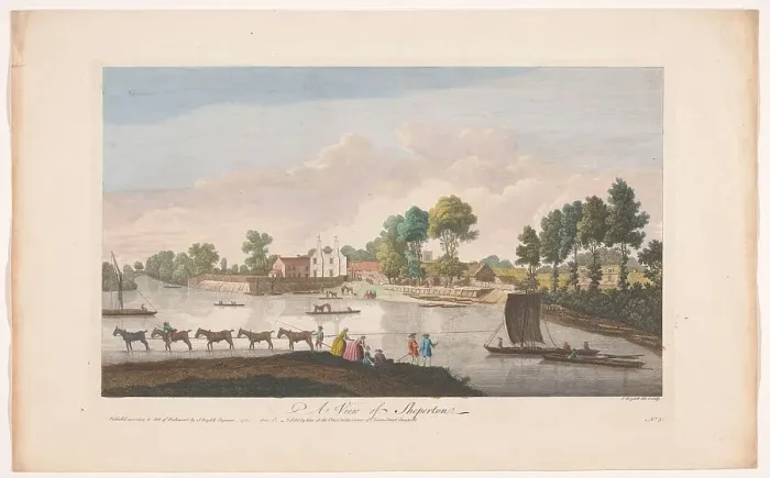 Framed Print : View of the village of Shepperton, 1752. Creator: John Boydell Framed Print : View of the village of Shepperton, 1752. Creator: John Boydell