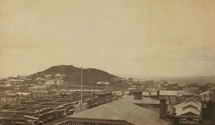 Framed Print : View of Vladivostok, Russia, from the Dom Smith veranda, looking west towards the city... (1899?). Creator: Eleanor Lord Pray Framed Print : View of Vladivostok, Russia, from the Dom Smith veranda, looking west towards the city... (1899?). Creator: Eleanor Lord Pray