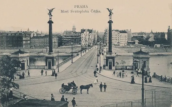 Framed Print : View across Vltava river looking at Cech Bridge and Old Town, c. 1910. Creator: Anonymous Framed Print : View across Vltava river looking at Cech Bridge and Old Town, c. 1910. Creator: Anonymous
