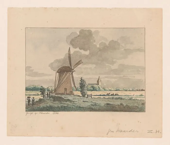 Framed Print : View of a mill in Waarder, 1734. Creator: Anon Framed Print : View of a mill in Waarder, 1734. Creator: Anon