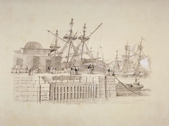 Framed Print : View of the Wapping entrance and south quay of London Docks, c1824. Artist: Henry Moses Framed Print : View of the Wapping entrance and south quay of London Docks, c1824. Artist: Henry Moses