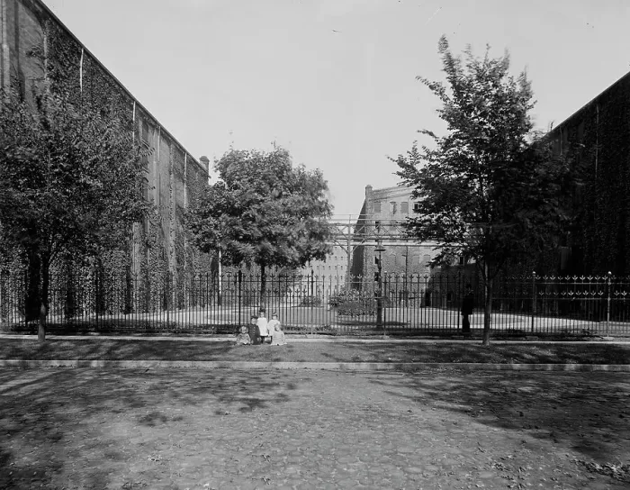 Framed Print : View between warehouses, Walker distillery, Walkerville, Ont. between 1905 and 1915. Creator: Unknown Framed Print : View between warehouses, Walker distillery, Walkerville, Ont. between 1905 and 1915. Creator: Unknown