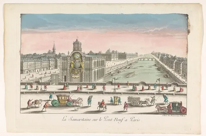 Framed Print : View of the water pump Samaritaine on the ferry Neuf over the Seine River in Paris, 1745-1775. Creator: Anon Framed Print : View of the water pump Samaritaine on the ferry Neuf over the Seine River in Paris, 1745-1775. Creator: Anon