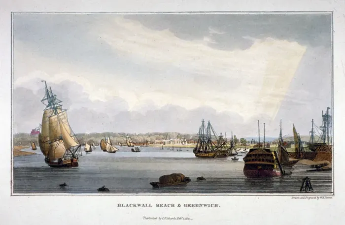 Framed Print : View of water vessels on the River Thames showing Blackwall and Greenwich, London, 1821 Framed Print : View of water vessels on the River Thames showing Blackwall and Greenwich, London, 1821