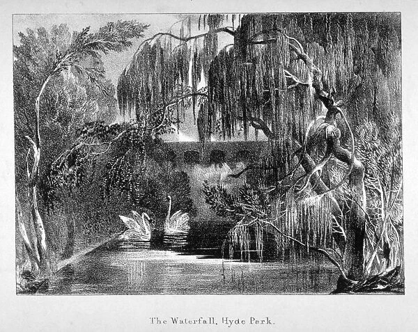 View of a waterfall and two swans in Hyde Park, London, c1820