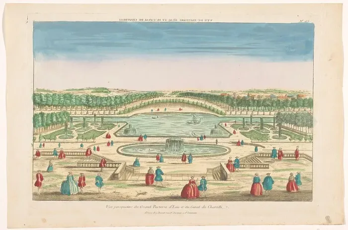 Framed Print : View of the waterside parterre and Grand Canal in the garden of the Chateau...1700-1799. Creator: Basset