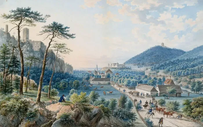 Framed Print : View of the Weilburg Palace at Baden near Vienna. Artist: Raulino, Johann (1785-1839) Framed Print : View of the Weilburg Palace at Baden near Vienna. Artist: Raulino, Johann (1785-1839)