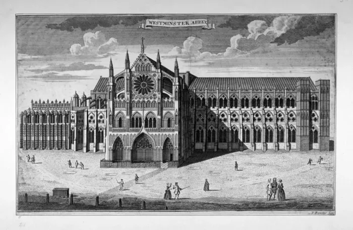 Framed Print : View of the west end of Westminster Abbey before the addition of towers, London, c1738 Framed Print : View of the west end of Westminster Abbey before the addition of towers, London, c1738
