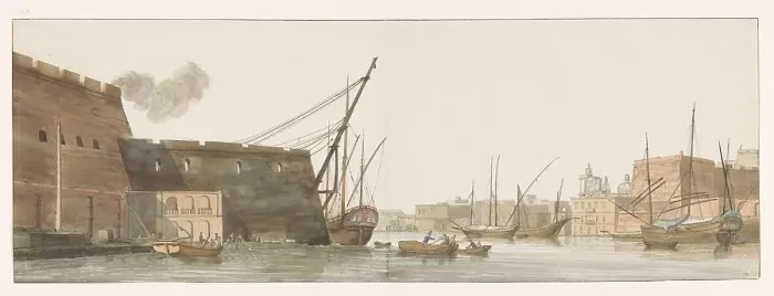 Framed Print : View of a wharf in the port with ships in Malta, 1778. Creator: Louis Ducros Framed Print : View of a wharf in the port with ships in Malta, 1778. Creator: Louis Ducros
