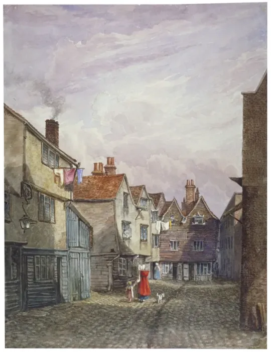 Framed Print : View of a woman and a child walking down Crown Court, Bermondsey, London, c1825. Artist Framed Print : View of a woman and a child walking down Crown Court, Bermondsey, London, c1825. Artist