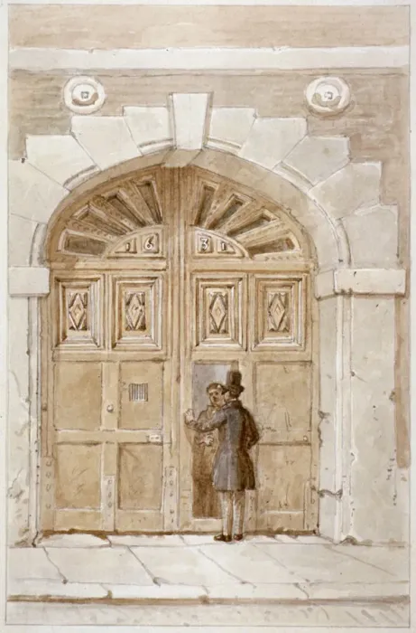Framed Print : View of wooden gates dated 1631, at no 46 Lime Street, 1855. Artist: James Findlay Framed Print : View of wooden gates dated 1631, at no 46 Lime Street, 1855. Artist: James Findlay