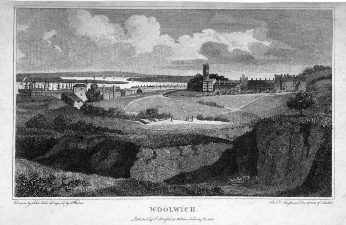Framed Print : View of Woolwich with the River Thames in the distance, 1806. Artist: AW Warren Framed Print : View of Woolwich with the River Thames in the distance, 1806. Artist: AW Warren
