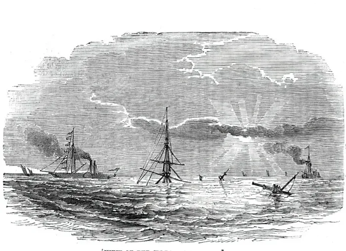 Framed Print : View of the wreck at sunset, 1844. Creator: Unknown Framed Print : View of the wreck at sunset, 1844. Creator: Unknown