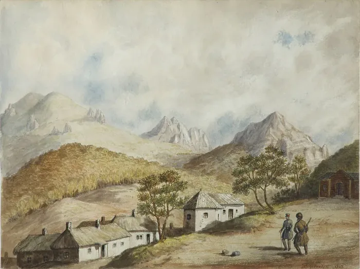 Framed Print : View of Zheleznovodsk, 1842. Artist: Anonymous Framed Print : View of Zheleznovodsk, 1842. Artist: Anonymous