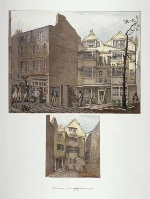 Framed Print : Two views of 17th century houses in Little Bell Alley, City of London, 1818. Artist Framed Print : Two views of 17th century houses in Little Bell Alley, City of London, 1818. Artist