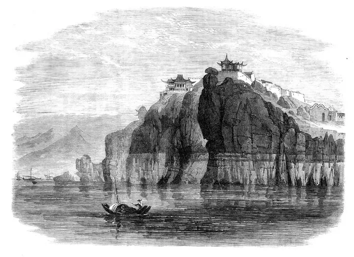 Framed Print : Views in China: the cliff and temple at Hukau, 1864. Creator: Unknown Framed Print : Views in China: the cliff and temple at Hukau, 1864. Creator: Unknown