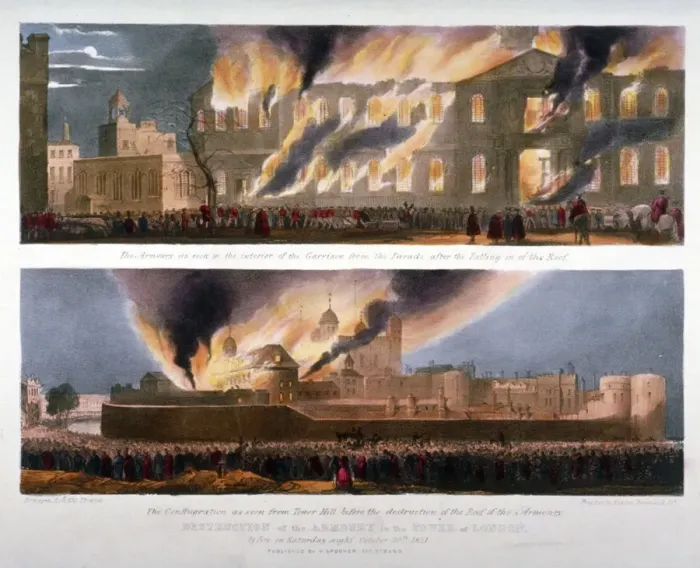 Framed Print : Two views of the destruction of the Armoury in the Tower of London by fire, 30 October 1841 Framed Print : Two views of the destruction of the Armoury in the Tower of London by fire, 30 October 1841