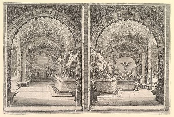 Two views of a grotto, both views with a fountain with a seated statue, seen from the
