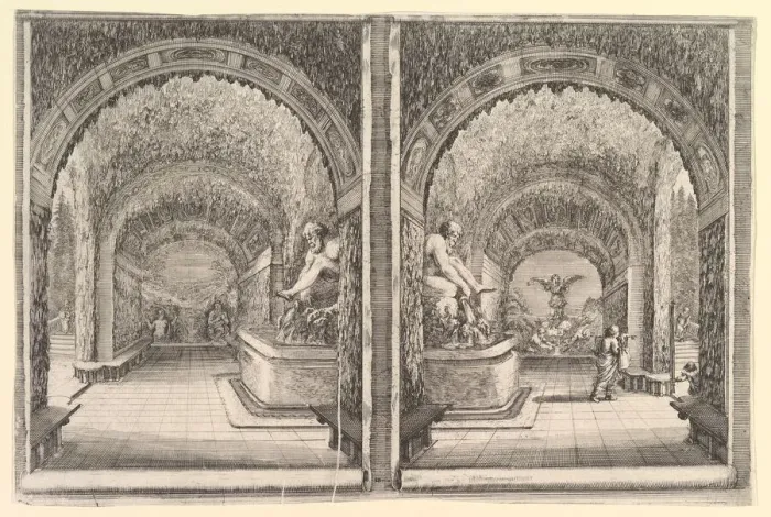 Framed Print : Two views of a grotto, both views with a fountain with a seated statue, seen from Framed Print : Two views of a grotto, both views with a fountain with a seated statue, seen from