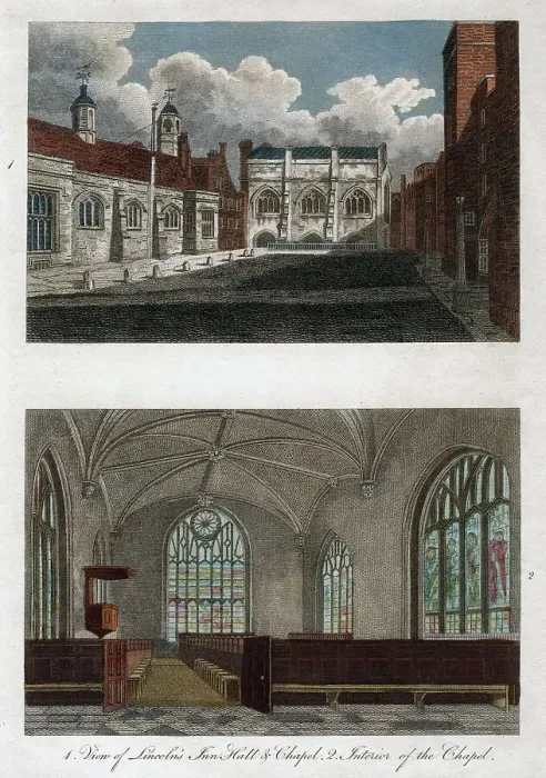 Framed Print : Views of Lincolns Inn Hall and Chapel, and the interior of Lincolns Inn Chapel, London, 1811. Artist: Pals Framed Print : Views of Lincolns Inn Hall and Chapel, and the interior of Lincolns Inn Chapel, London, 1811. Artist: Pals