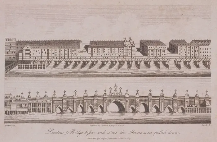 Framed Print : Two Views of London Bridge (old), London, 1805. Artist: A Birrell Framed Print : Two Views of London Bridge (old), London, 1805. Artist: A Birrell