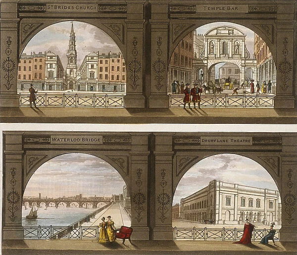 Four views of London sites seen through an arch, c1820