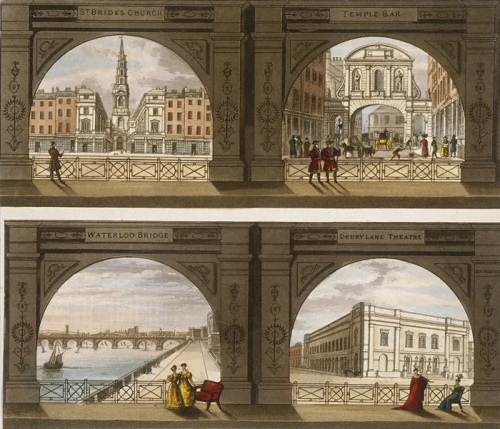 Framed Print : Four views of London sites seen through an arch, c1820 Framed Print : Four views of London sites seen through an arch, c1820